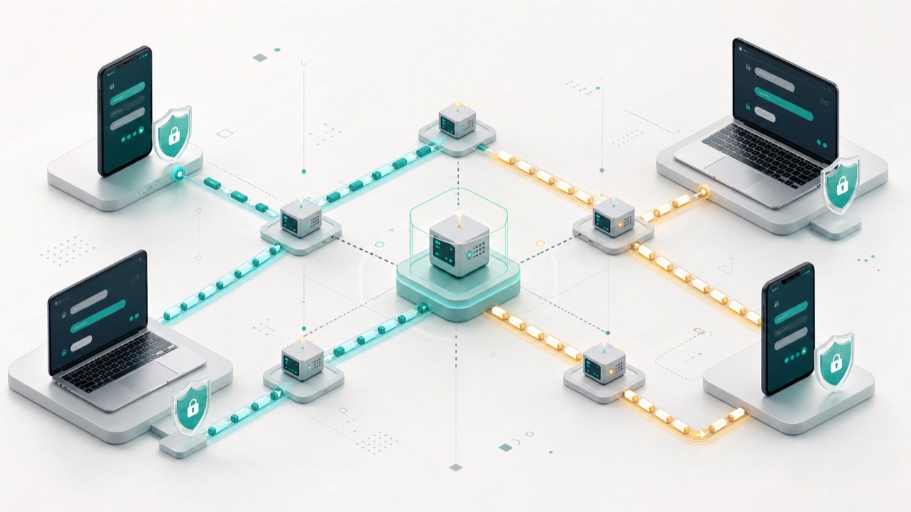 Abstract private relay planner with encrypted message queues across devices and relay nodes.
